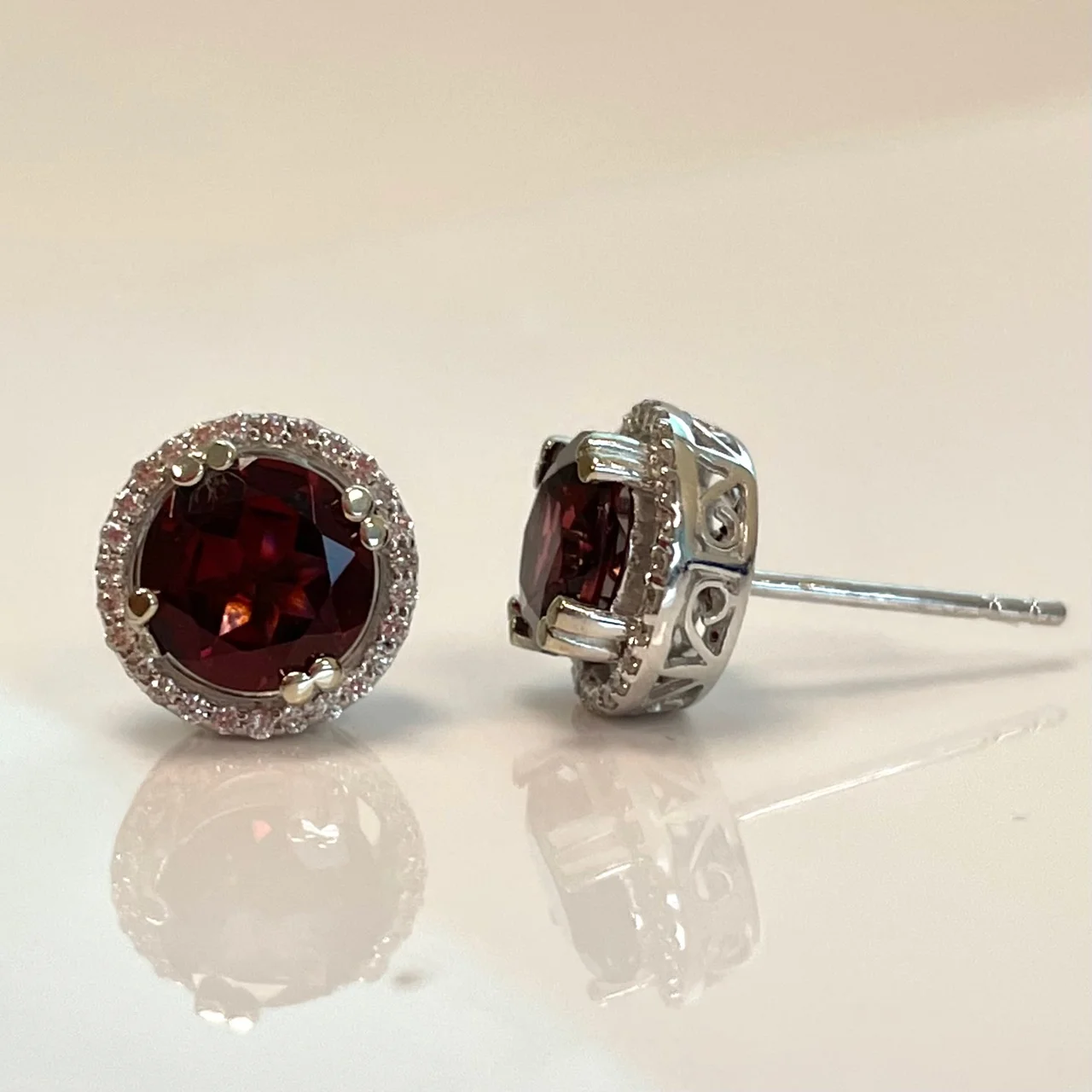 Diamond Halo Garnet Earrings - Image 2